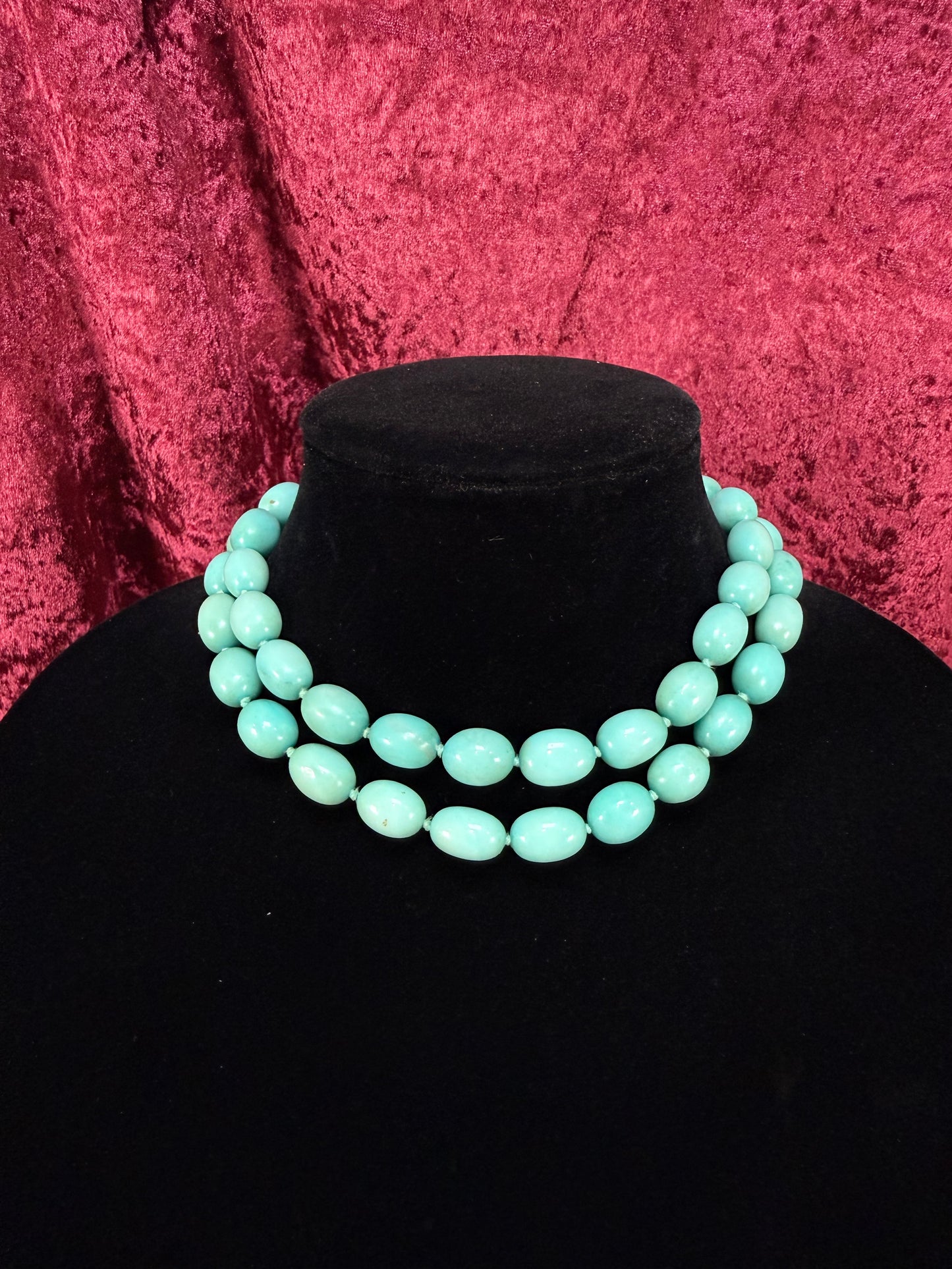 Vintage Agate Beaded Necklace – Turquoise Tone Hand Knotted Strand