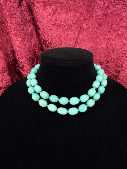 Vintage Agate Beaded Necklace – Turquoise Tone Hand Knotted Strand