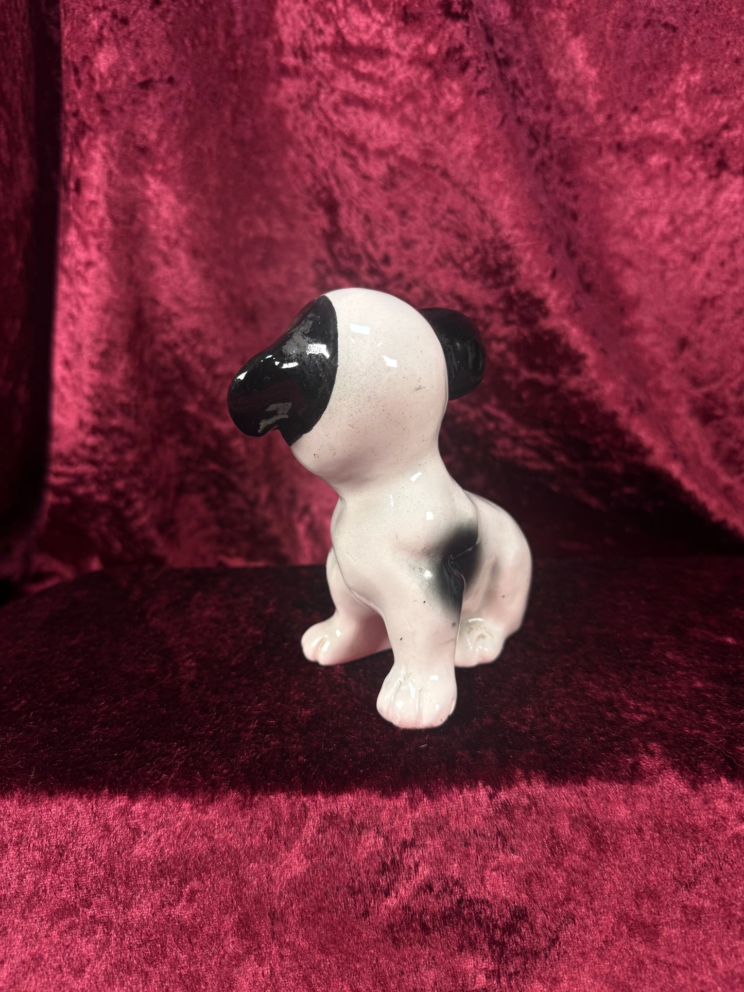 Vintage 1950s Ceramic Dog Figurine – Black & White Puppy with Big Eyes