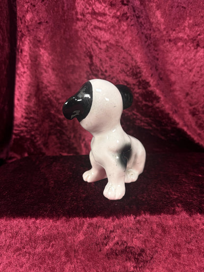 Vintage 1950s Ceramic Dog Figurine – Black & White Puppy with Big Eyes