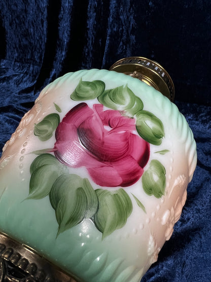 Vintage Fenton Milk Glass Table Lamp – Hand Painted Roses Double Globe Hurricane Parlor Style