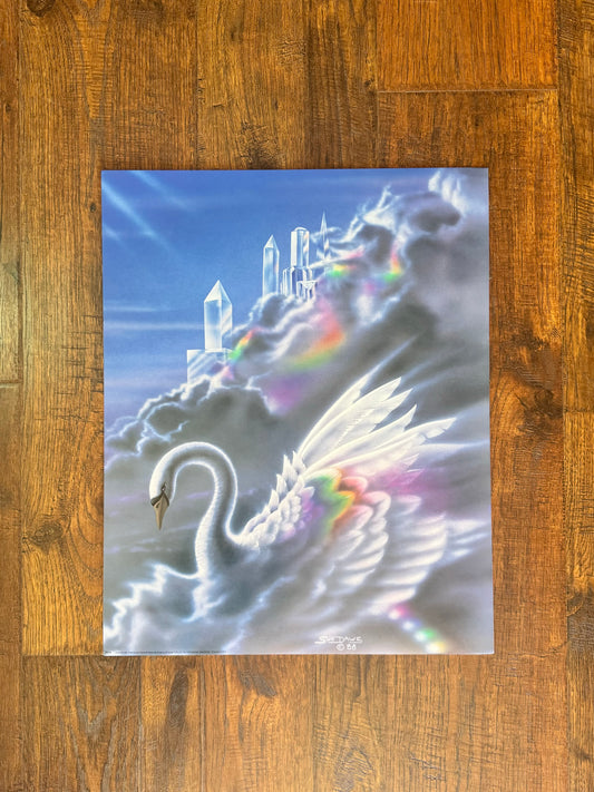 Vintage Art Poster - Sue Dawe 1988 Rainbow Swan and Crystal Castles - Printed 1991