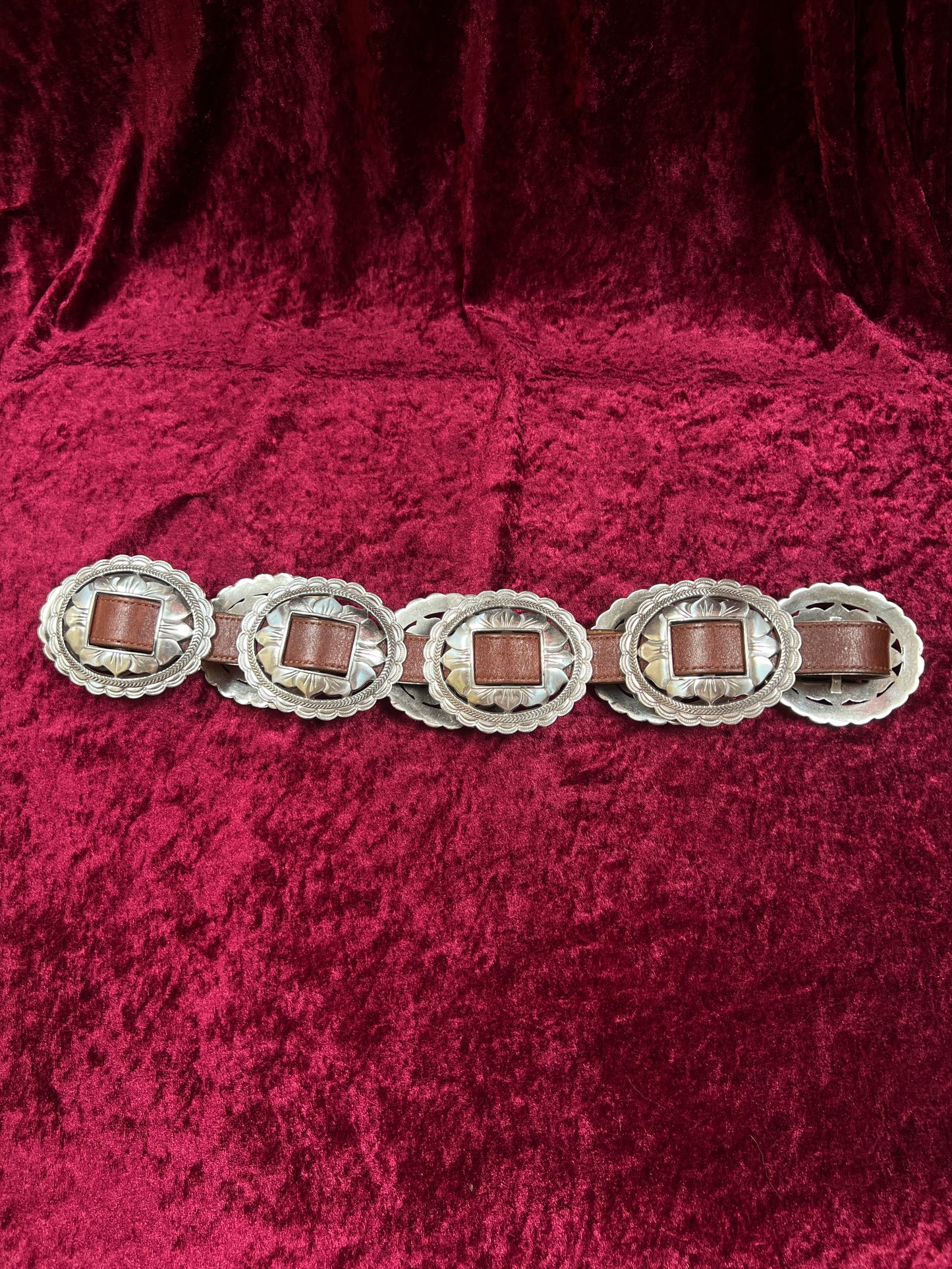 Vintage Brighton Leather Concho Belt - Silver Sunflower Western Belt USA Made - 29.5-33.5"