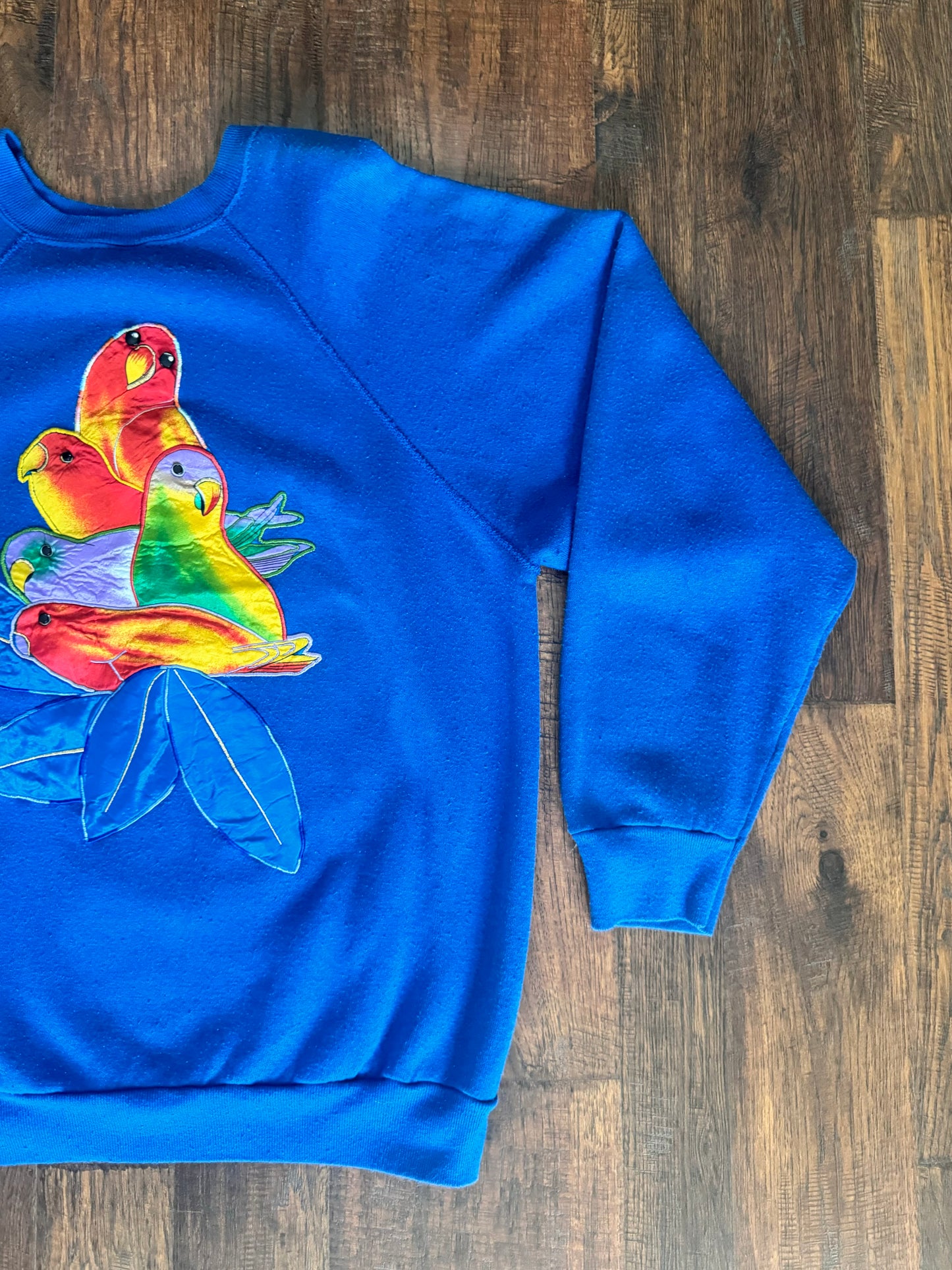 An Original By Aloha & Jackie Tultex Crewneck Sweatshirt - Parrots & Flowers Applique - X-Large