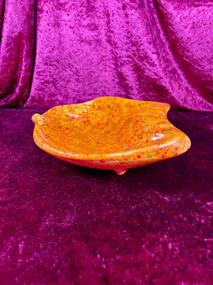 Vintage Ashtray - Sculptural Ceramic Drip Glaze - Bright Orange with Green Flecks - Large