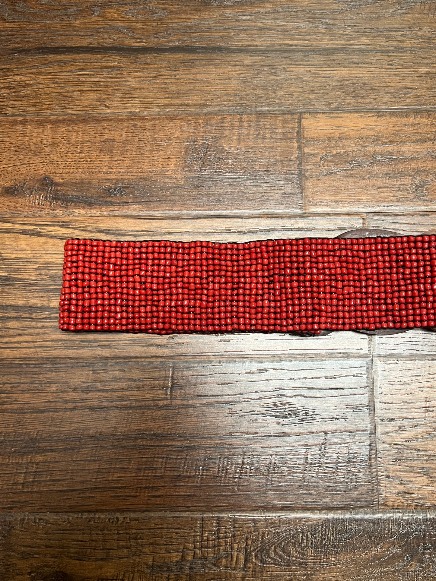 Vintage Style Accessories - Glass Seed Beaded Waist Belt with Wood Buckle - Red - 31.5"