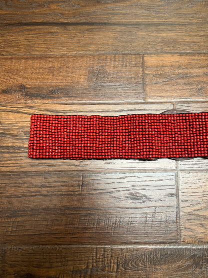 Vintage Style Accessories - Glass Seed Beaded Waist Belt with Wood Buckle - Red - 31.5"