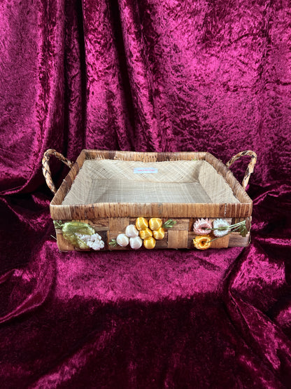 Vintage Raffia Serving Basket - Handwoven Fruit Basket Centerpiece