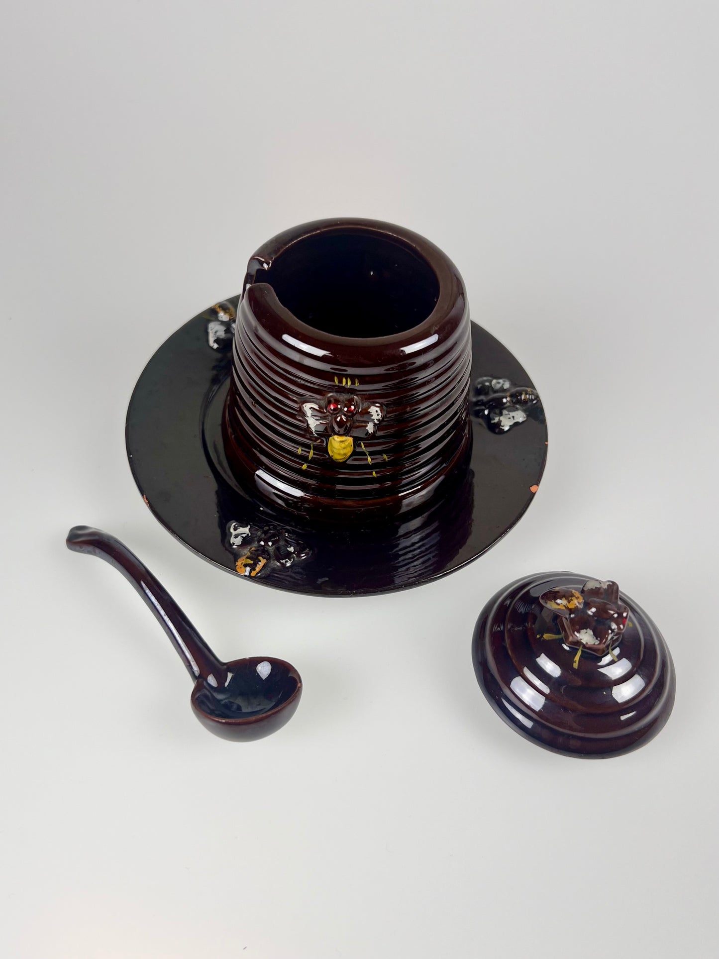 Vintage Lustreware Beehive Honey Pot & Plate | Dark Brown & Purple Glaze