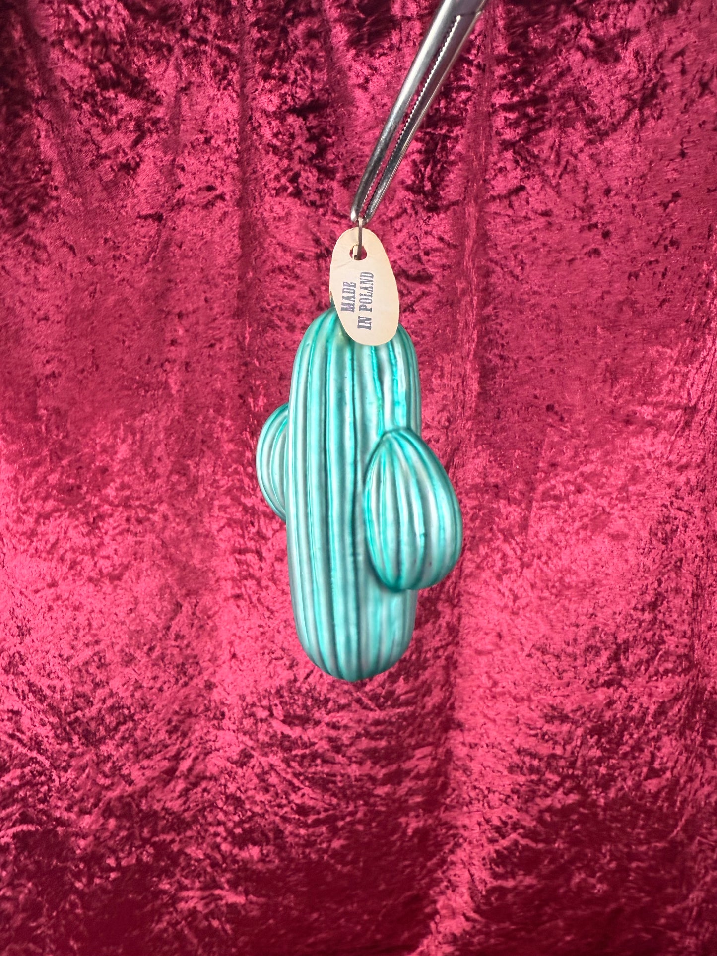 Vintage Christmas - Handblown Glass Ornament - Green Cactus - Euro Vue - Made In Poland