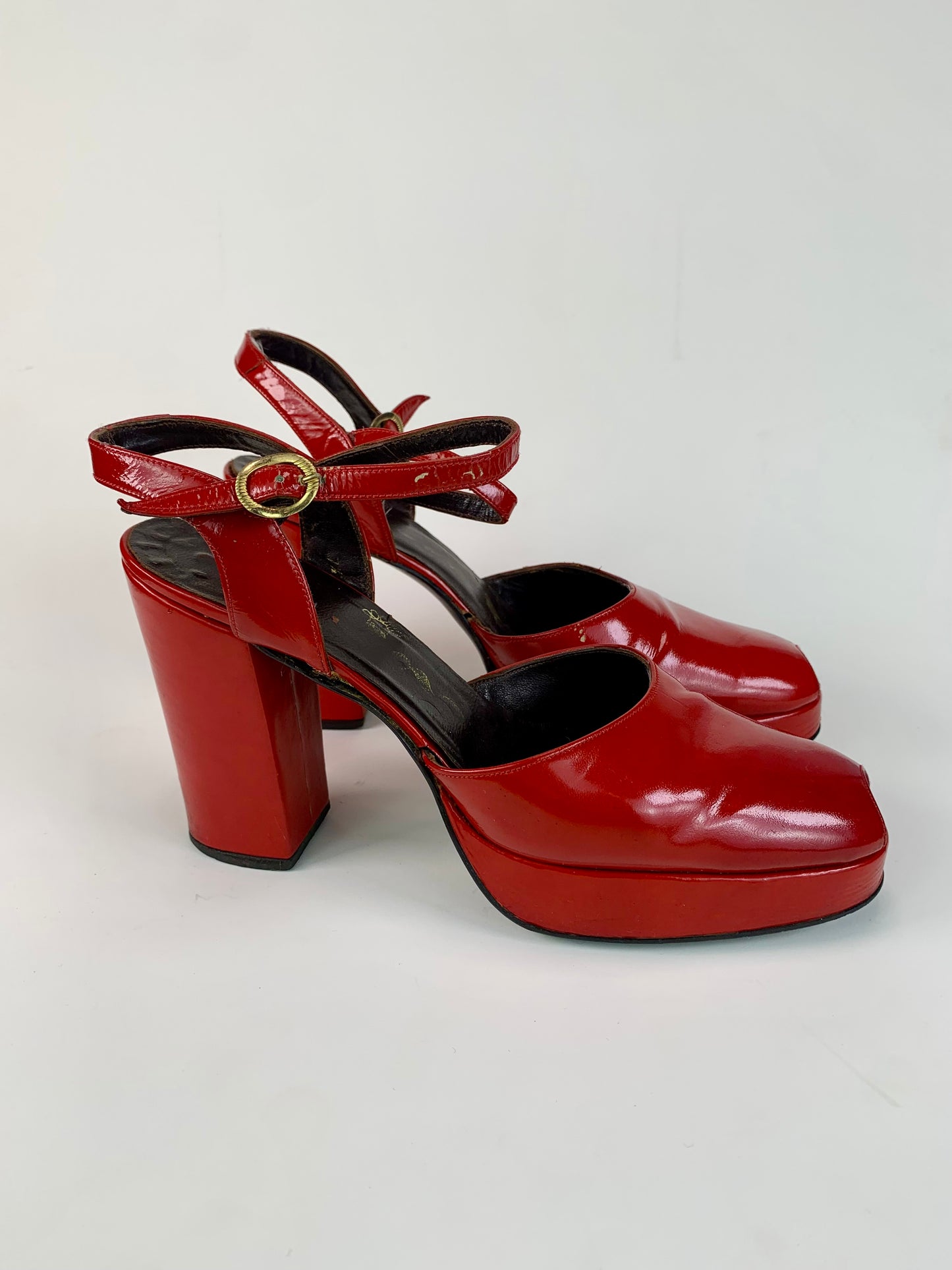 Vintage Shoes - Patent Leather Peep Toe Platform Heels - Cherry Red - 7 1/2