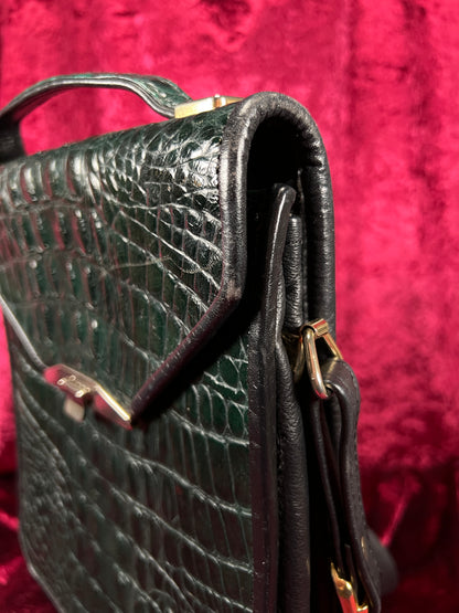 Vintage Emerald Green Leather Crossbody Bag - Croc Embossed Top Handle Purse