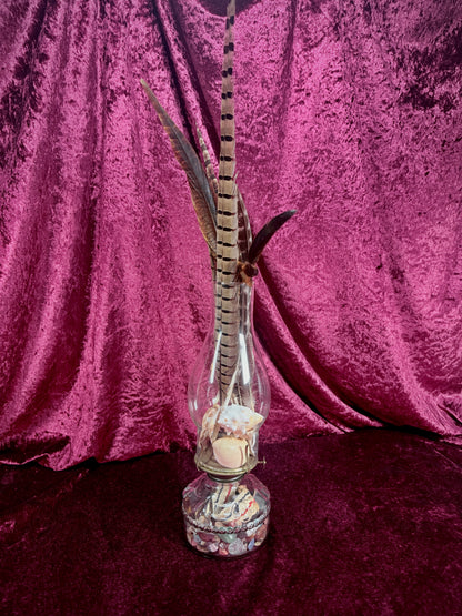 Vintage Glass Oil Lamp – Natural Feather and Shell Curio Display