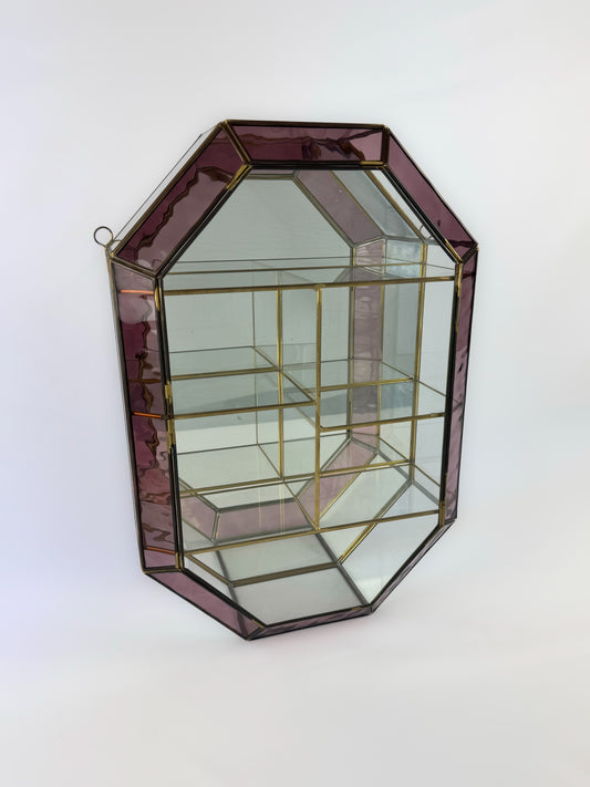 Vintage Brass & Glass Mirrored Wall Hanging Curio Cabinet w/ Purple Stained Glass