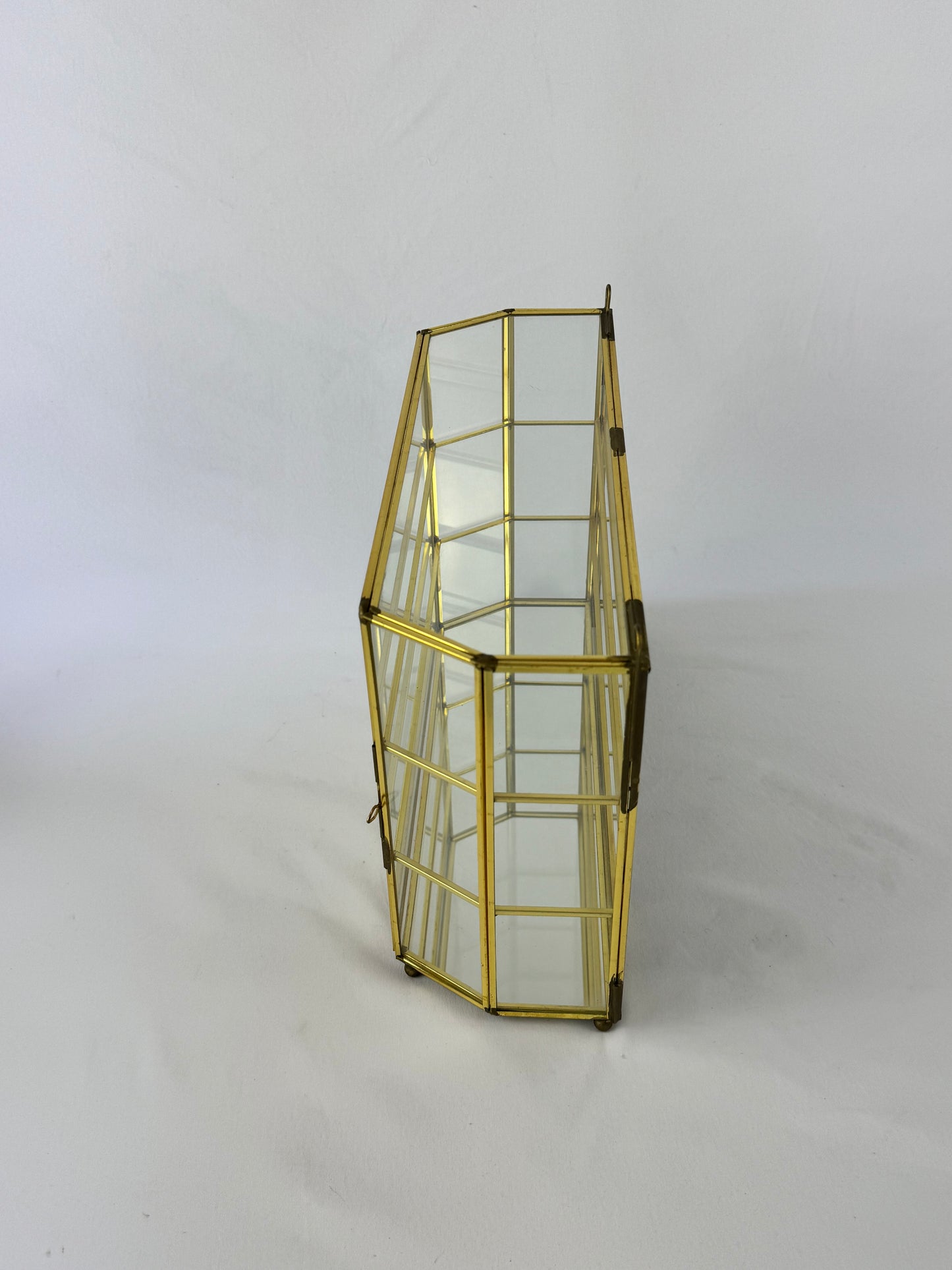 Vintage Brass & Glass Mirrored 3-Shelf Wall Hanging Curio Cabinet