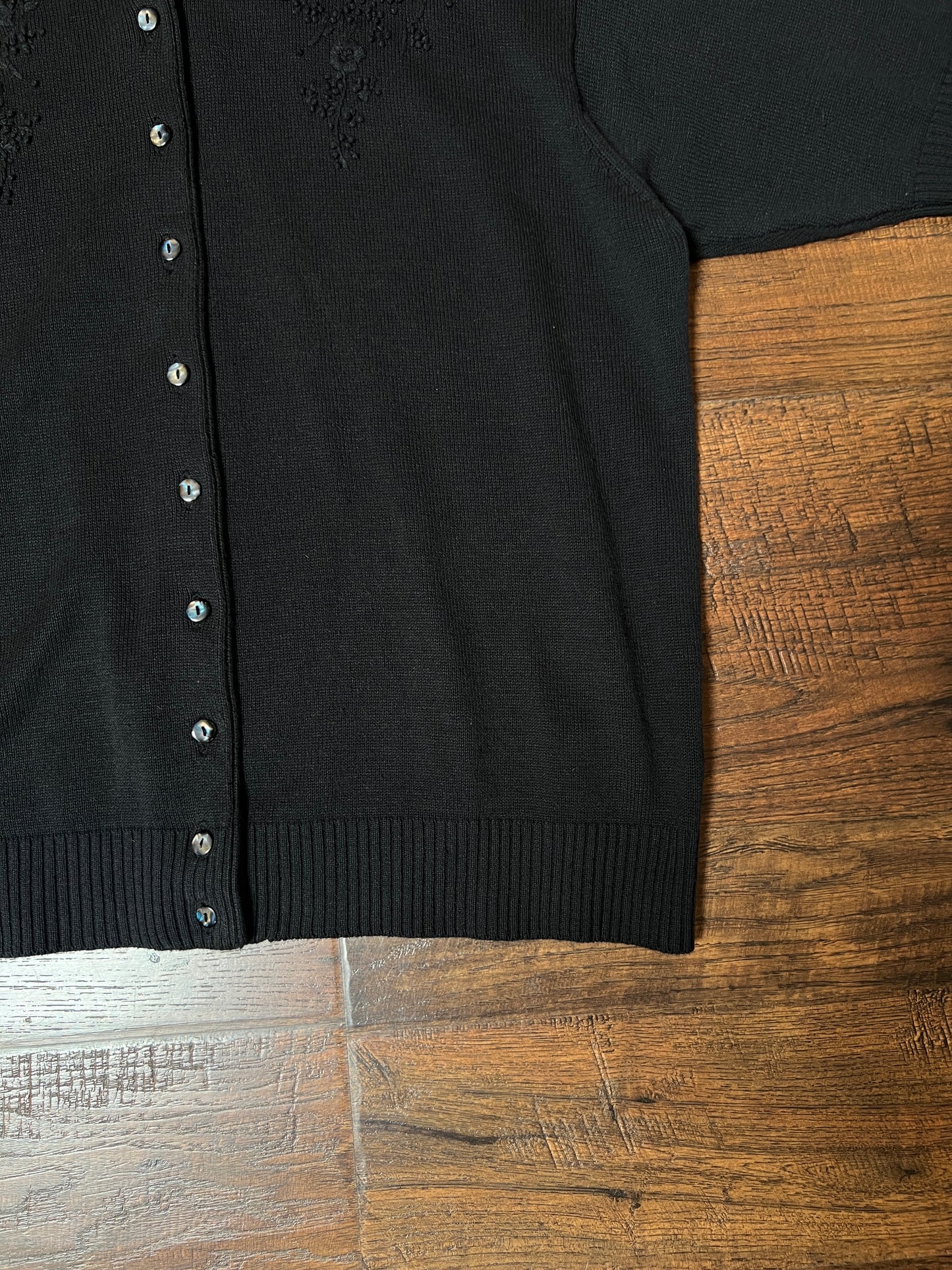 Vintage Halston Knit Cardigan - Black Floral Embroidered Short Sleeve Sweater - Small