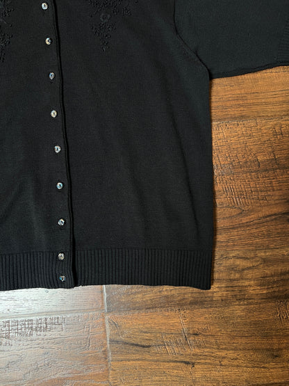 Vintage Halston Knit Cardigan - Black Floral Embroidered Short Sleeve Sweater - Small