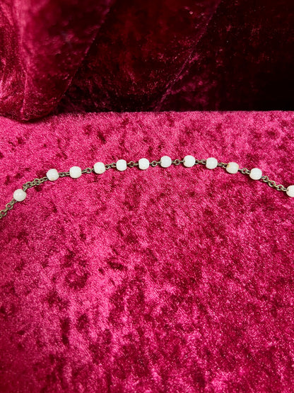 Vintage Jewelry - Italian Rosary - Shiny White Beads with Brass Tone Cross - 18"