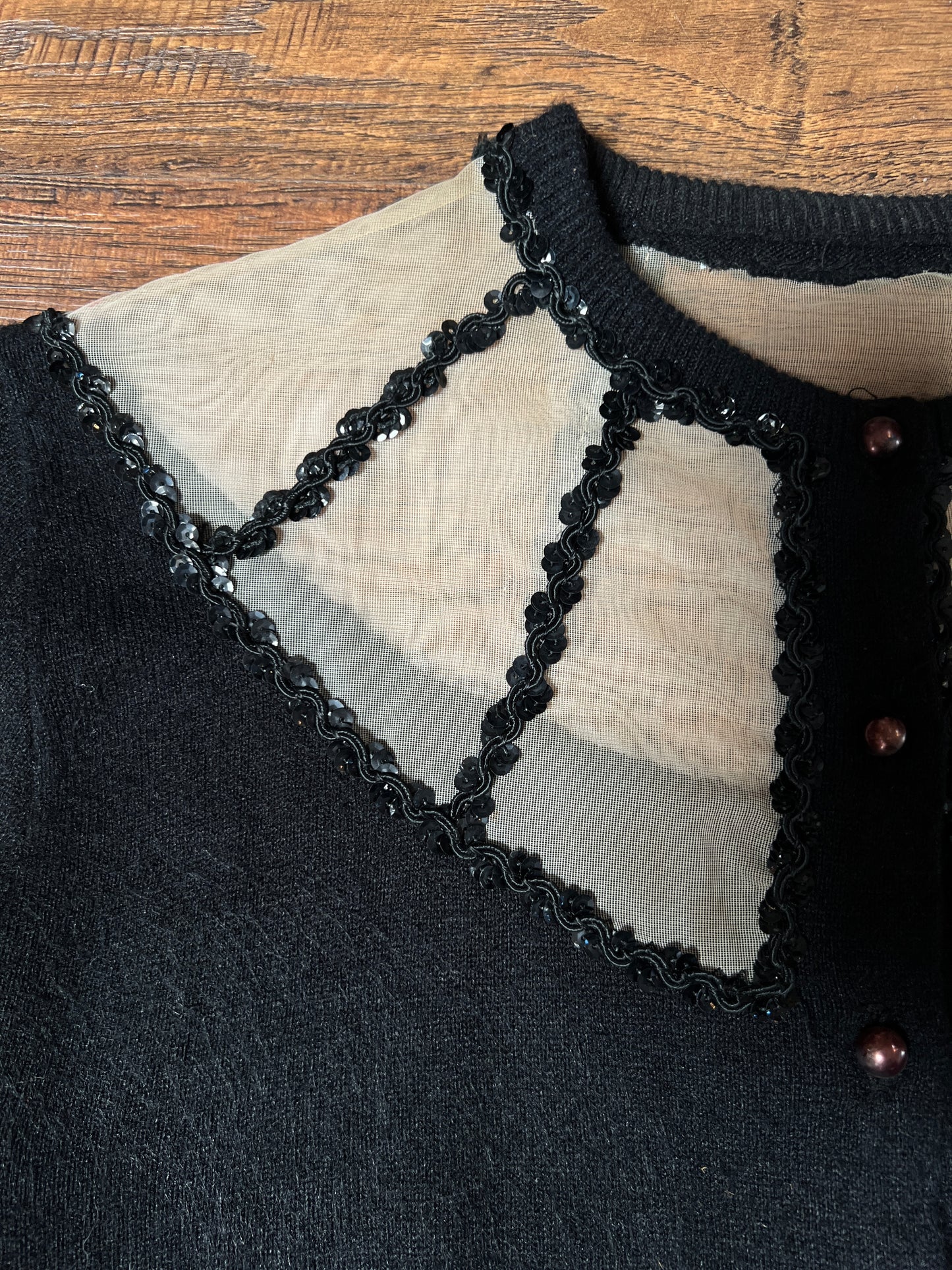 Vintage 1960s Knit Cardigan - Black Sheer Illusion Sequin Yoke with Metal Buttons - Size Medium