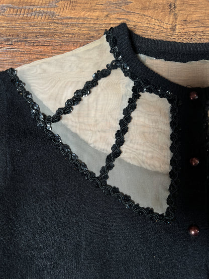 Vintage 1960s Knit Cardigan - Black Sheer Illusion Sequin Yoke with Metal Buttons - Size Medium