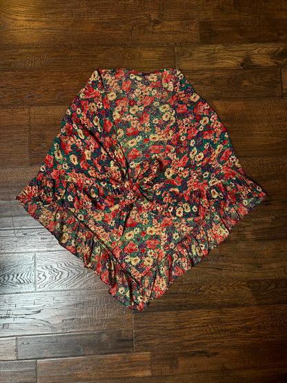Vintage Cotton Shawl - Autumn Floral Print Ruffle Trim Handmade Wrap