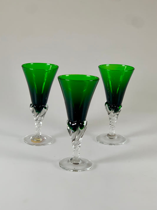 Mid Century Italian Emerald Green Cordial Glass w/ Crystal Stem - Set of 3