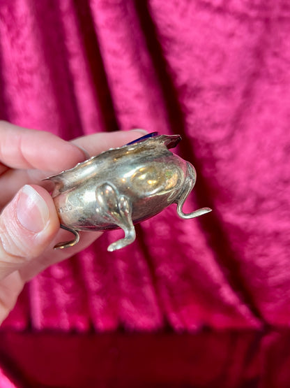 Vintage Kitchen - Footed Salt Cellar with Cobalt Blue Glass Insert - Sterling Silver - Dented