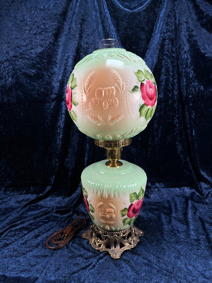Vintage Fenton Milk Glass Table Lamp – Hand Painted Roses Double Globe Hurricane Parlor Style