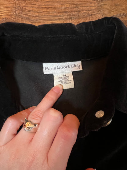 Vintage Paris Sport Club Cotton Velvet Utility Jacket - Black Fitted Snap Front - Medium
