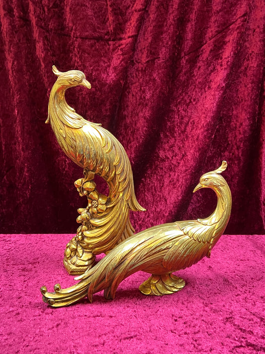 Vintage Home Decor - Pair of Mid Century Peacock Statues - Gold - Syroco