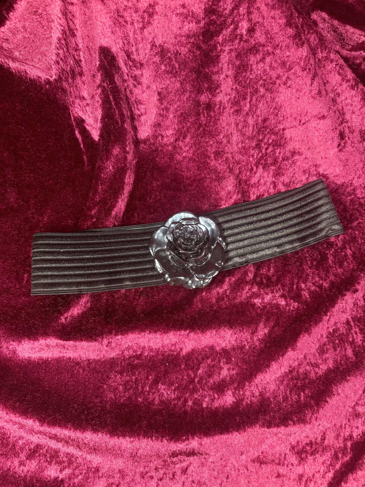 Vintage Elastic Waist Belt - Black Rose Statement Buckle - Charmant Belts California