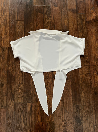 Vintage White Tie Front Shrug Crop Top - Collared Short Sleeve Bolero