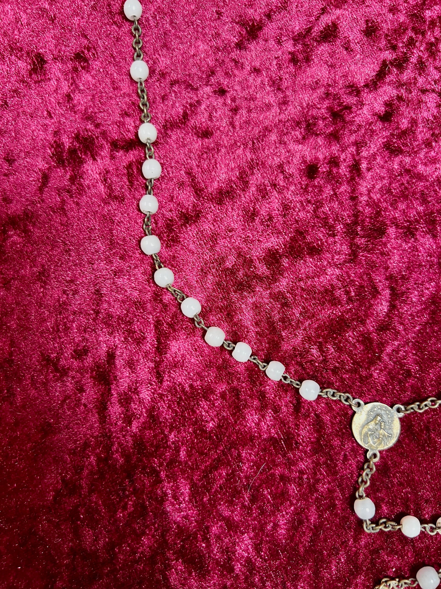 Vintage Jewelry - Italian Rosary - Shiny White Beads with Brass Tone Cross - 18"