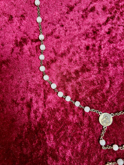 Vintage Jewelry - Italian Rosary - Shiny White Beads with Brass Tone Cross - 18"