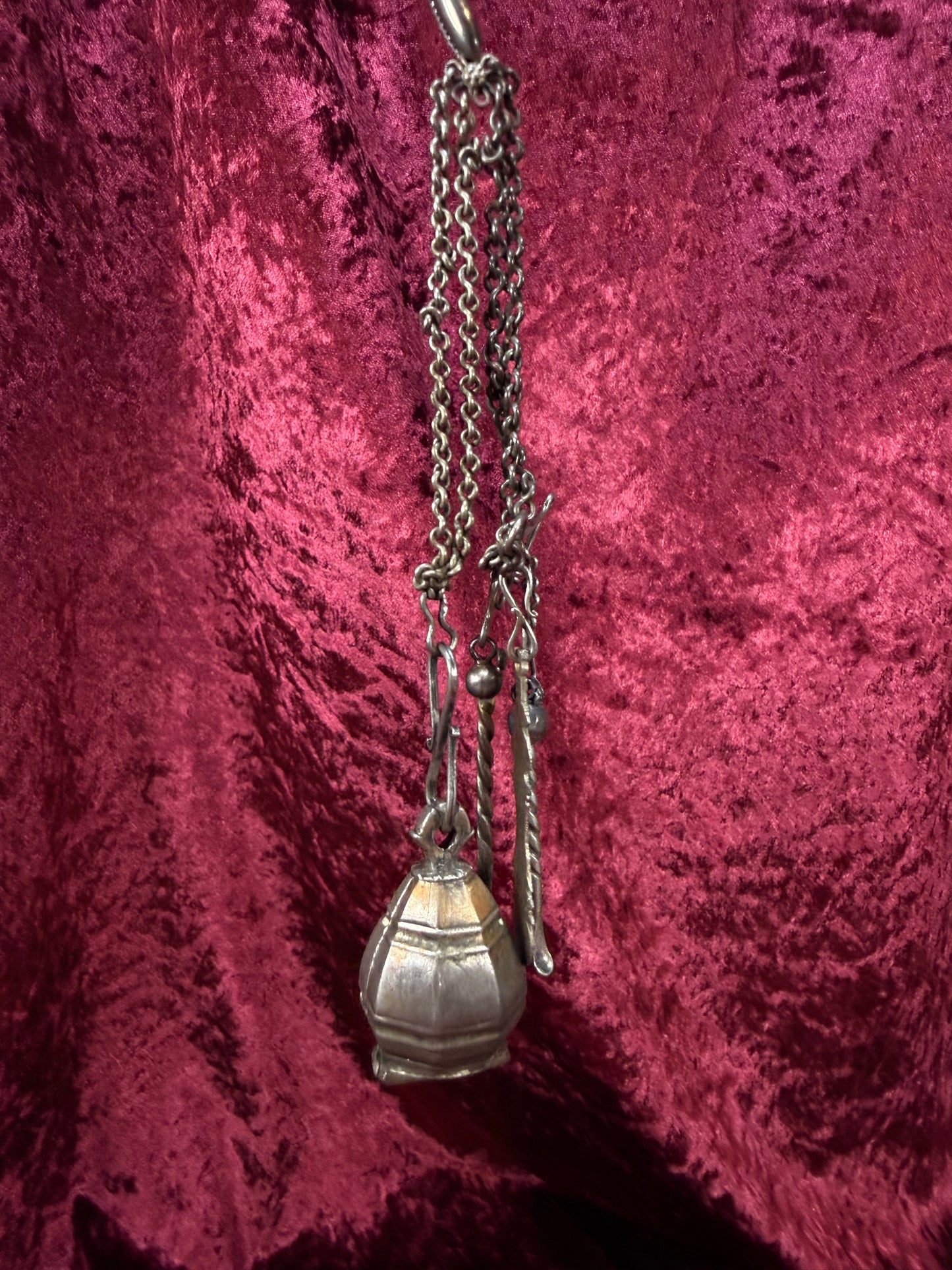 Antique Silver Opium Chatelaine – Flower Topped Picks with Locket Ball - Late Qing Dynasty