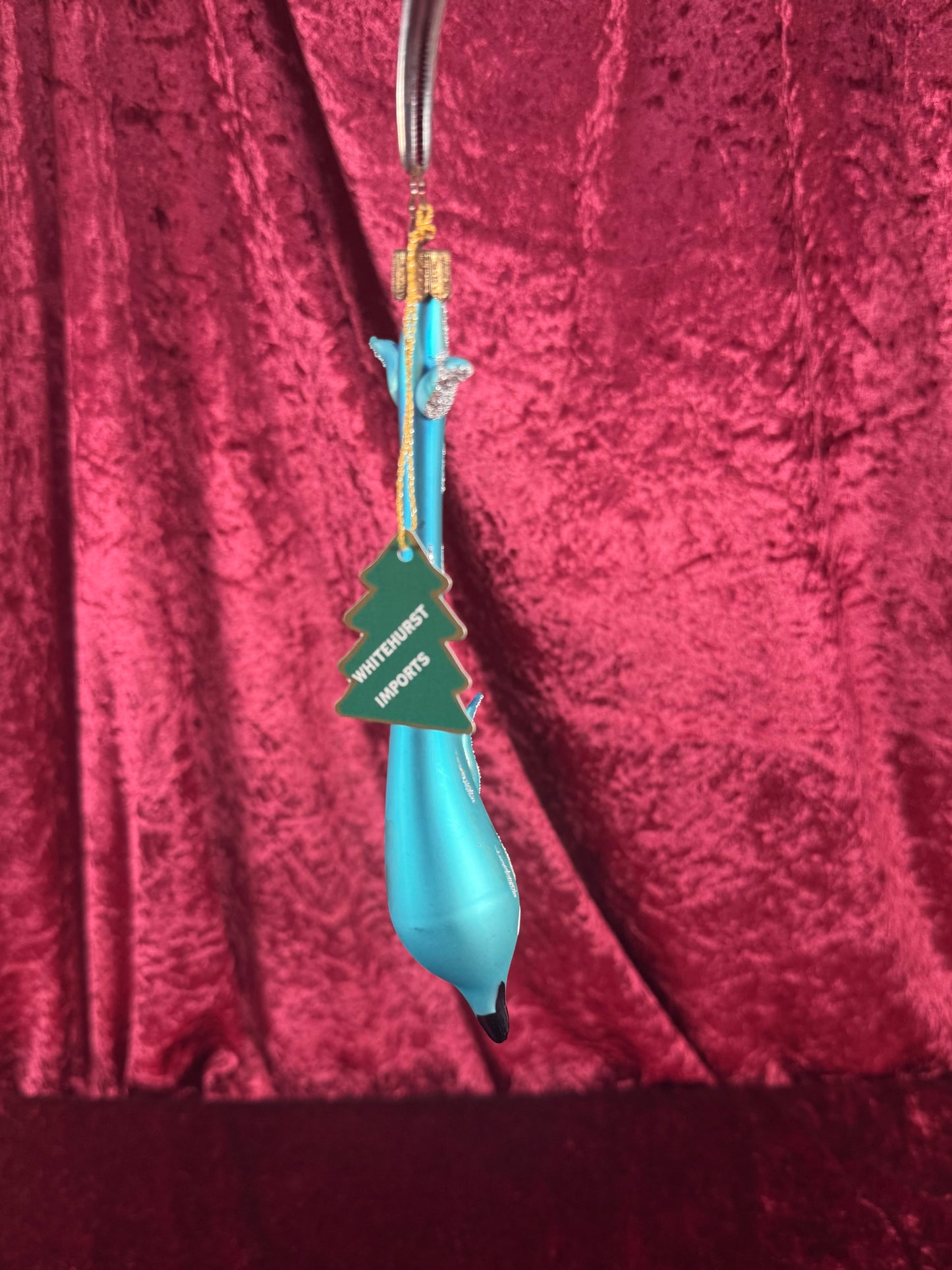 Vintage Christmas - Handblown Glass Ornament - Blue Dolphin with Silver Glitter - Whitehurst Imports