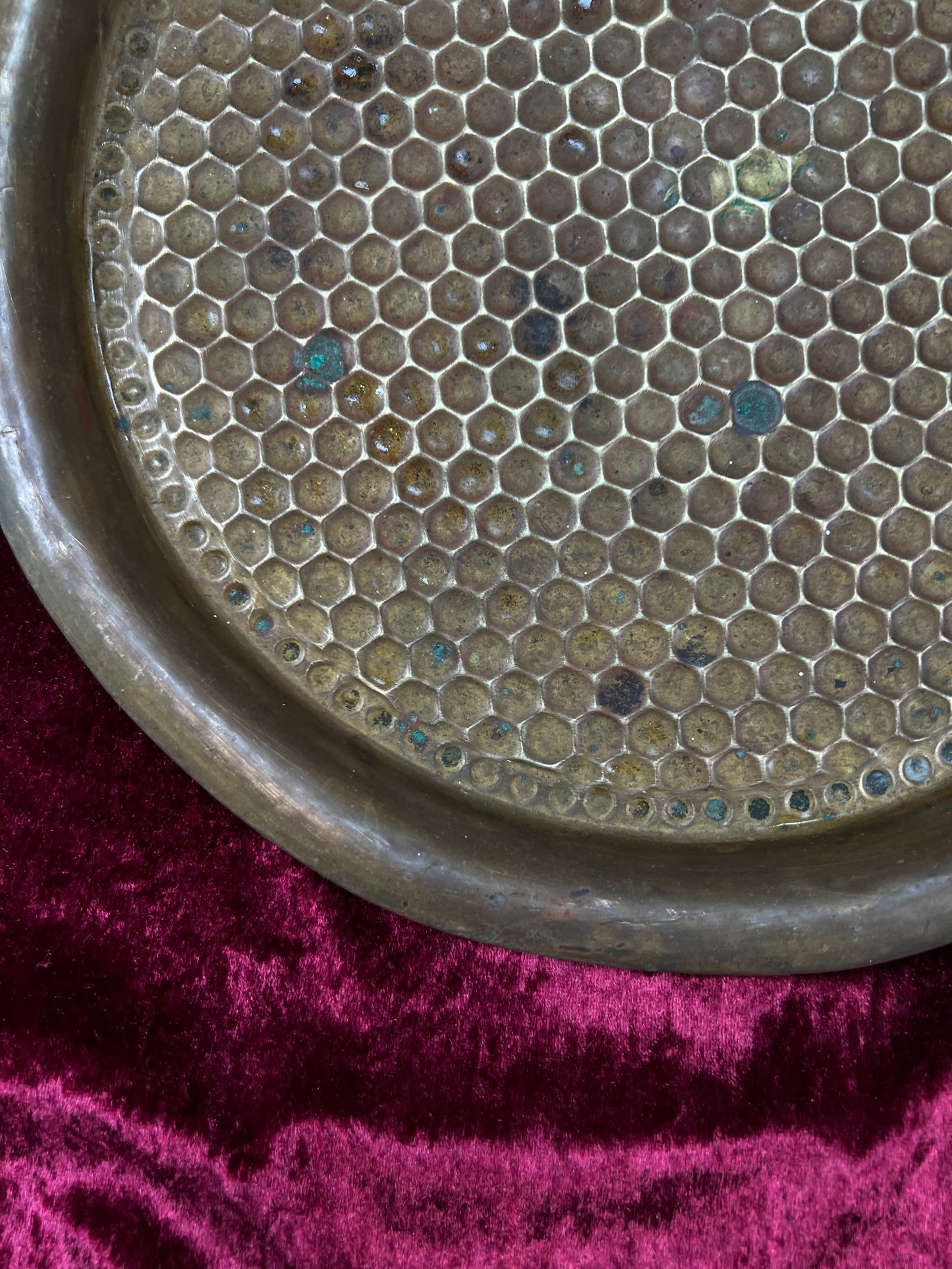 Vintage Brass Tray - Hammered Honeycomb Pattern Round Serving Platter