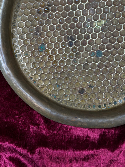Vintage Brass Tray - Hammered Honeycomb Pattern Round Serving Platter