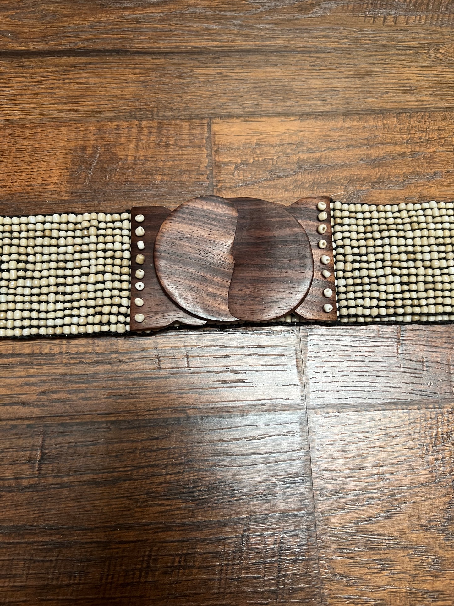 Vintage Style Accessories - Glass Seed Beaded Waist Belt with Wood Buckle - Sandy Beige - 31.5"