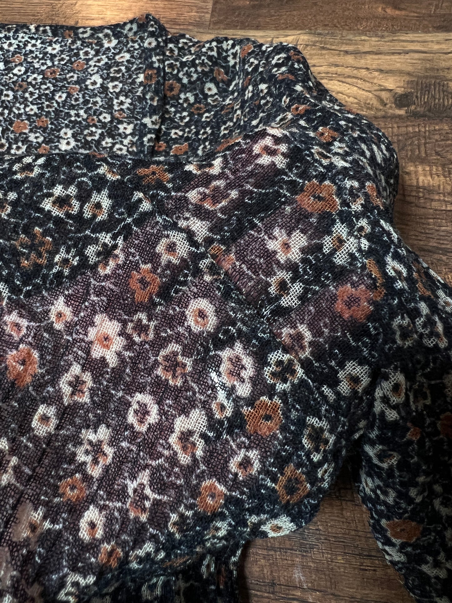 Vintage Sheer Camisole - Black Ditsy Floral Long Sleeve Top - Small