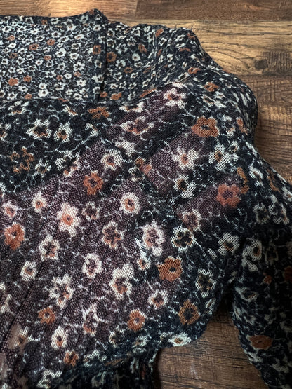 Vintage Sheer Camisole - Black Ditsy Floral Long Sleeve Top - Small