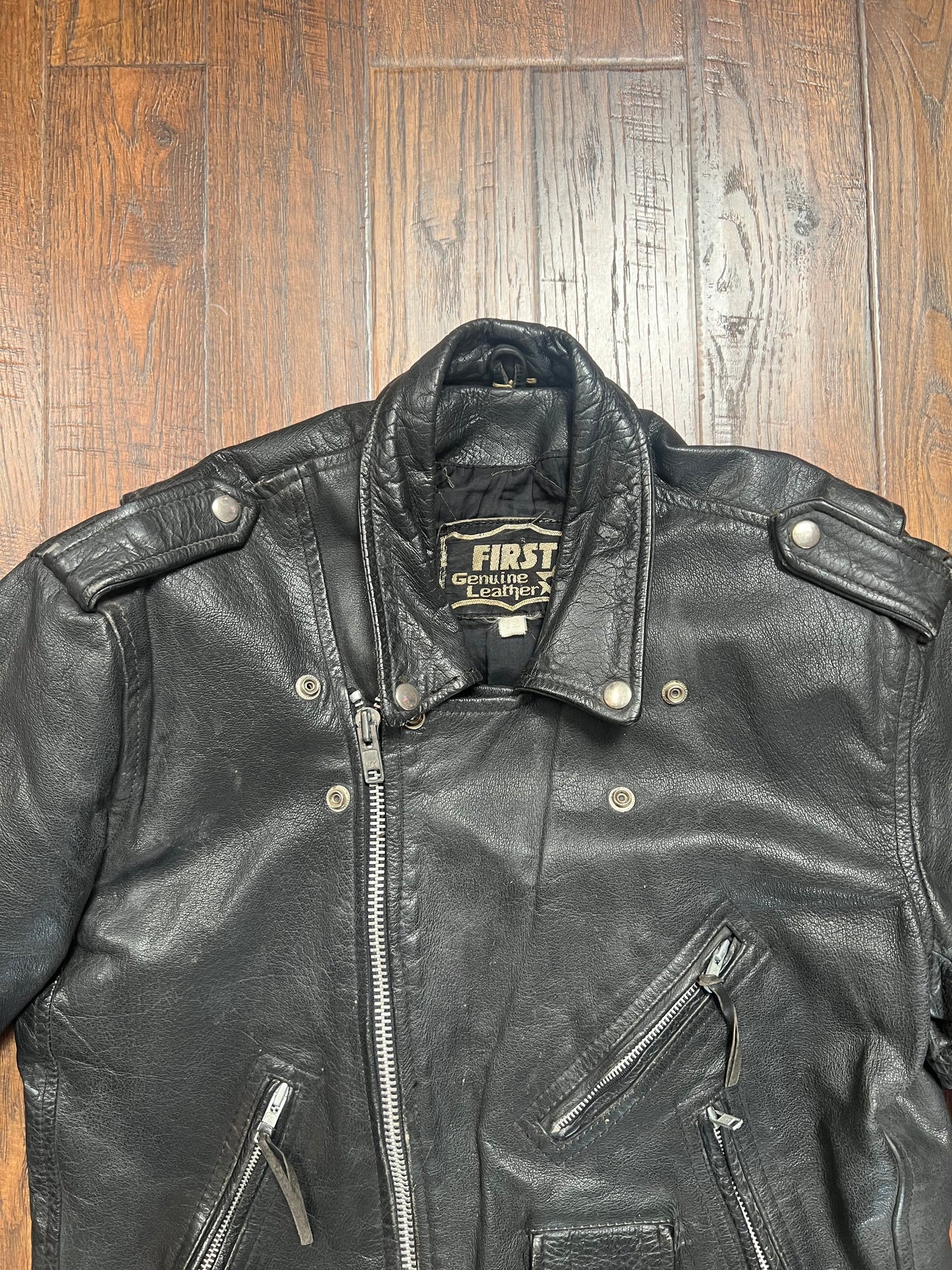 Vintage Clothing - Biker Jacket - First Genuine Leather - Black with Silver Hardware - Large