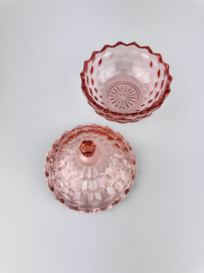 Vintage Whitehall Cubist Pattern Pink Glass Candy Dish with Lid