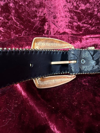 Vintage Accessories - Genuine Leather Belt - Hand Painted Leaves with Brass Hardware - M/L