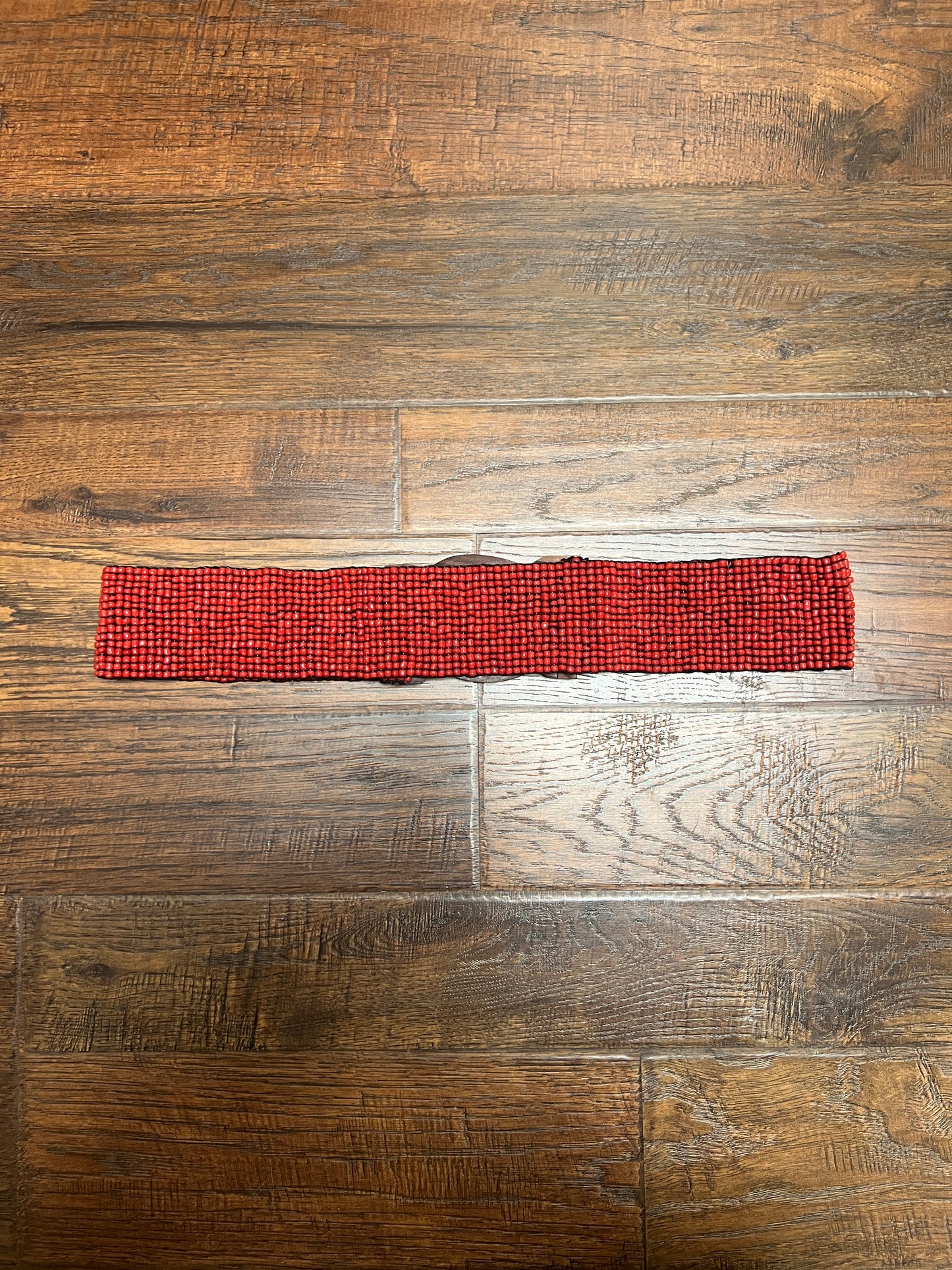 Vintage Style Accessories - Glass Seed Beaded Waist Belt with Wood Buckle - Red - 31.5"