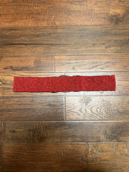 Vintage Style Accessories - Glass Seed Beaded Waist Belt with Wood Buckle - Red - 31.5"