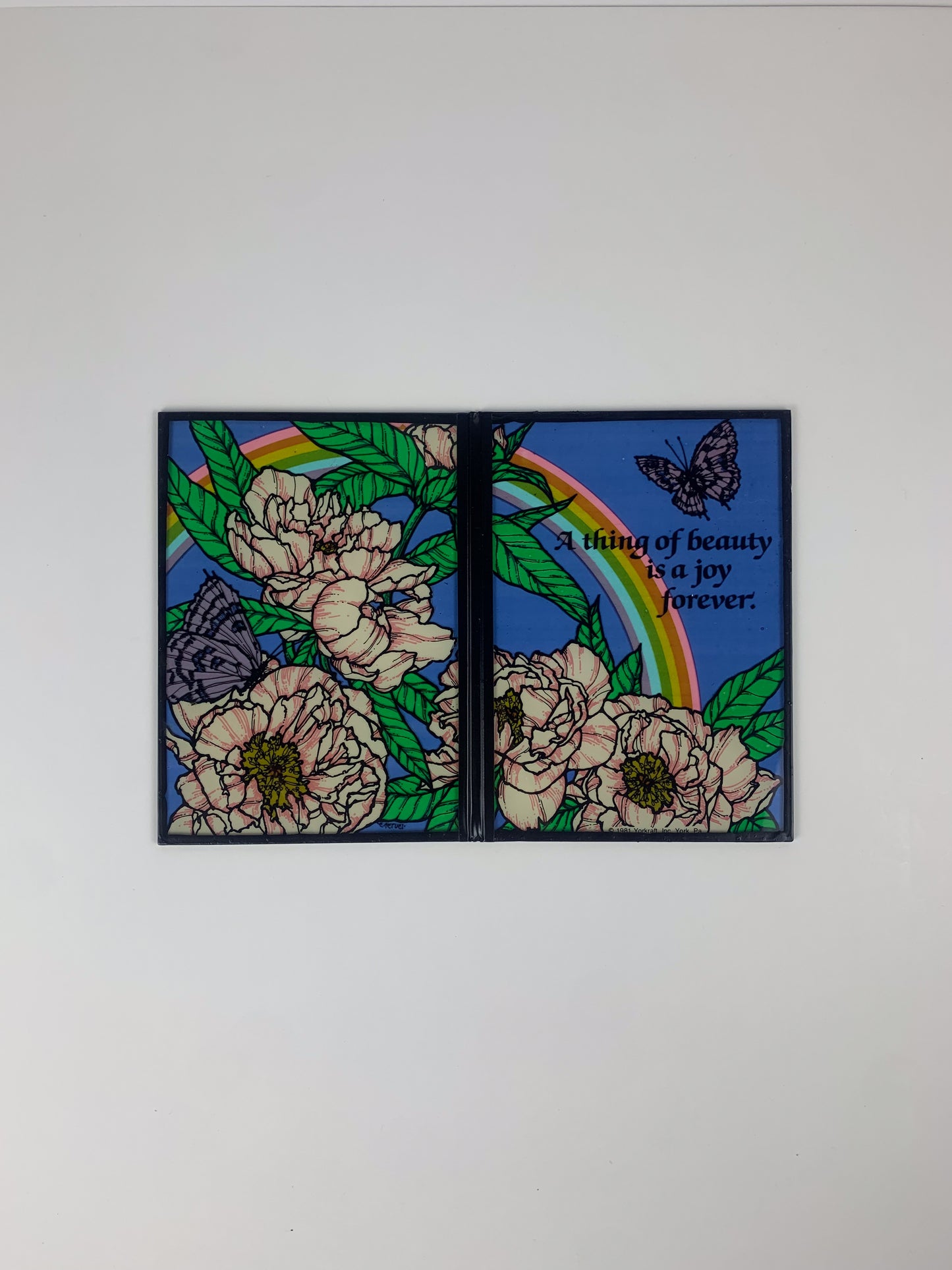 Vintage 1981 Yorkraft Bi-Fold Stained Glass Art - A Thing Of Beauty - Rainbows & Butterflies