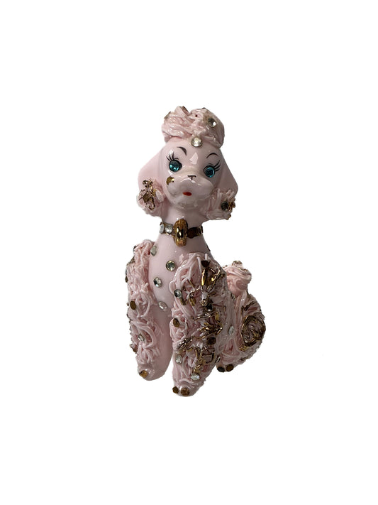 Vintage Figurine - Pink Spaghetti Poodle with Blue Rhinestone Eyes - 1950s