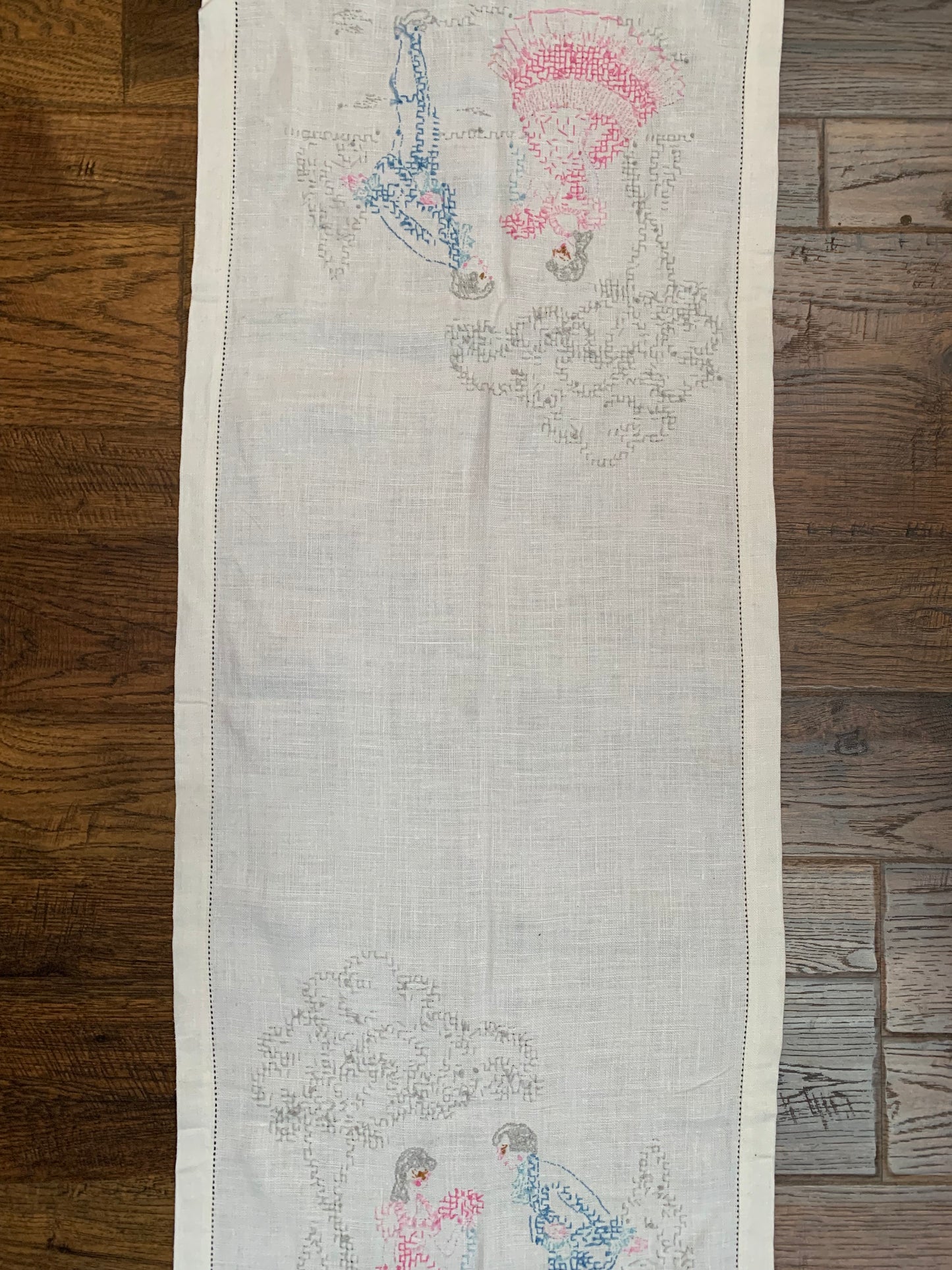 Vintage Cross Stitch Embroidered Table Runner - Courting Lord & Lady