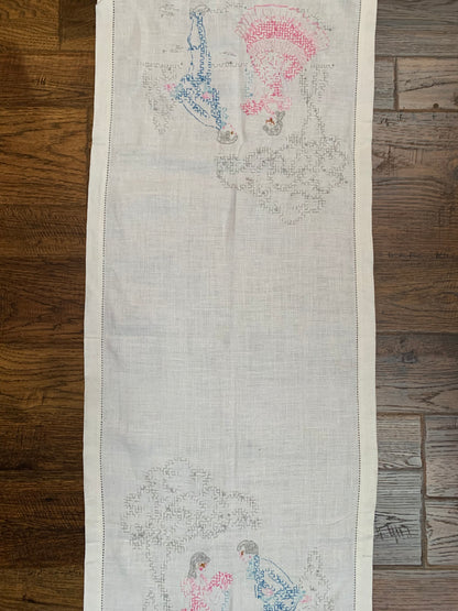 Vintage Cross Stitch Embroidered Table Runner - Courting Lord & Lady